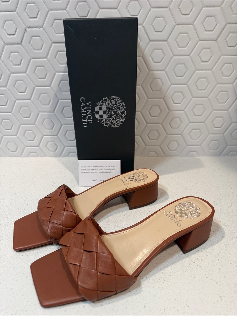 Vince Camuto Semtera Barn Brown Woven Eco Sheep Leather Block Heel Mules